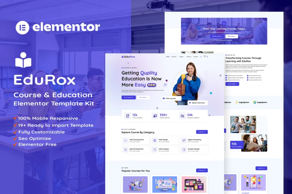 Edurox   Online Course & Education Elementor Pro Template Kit 